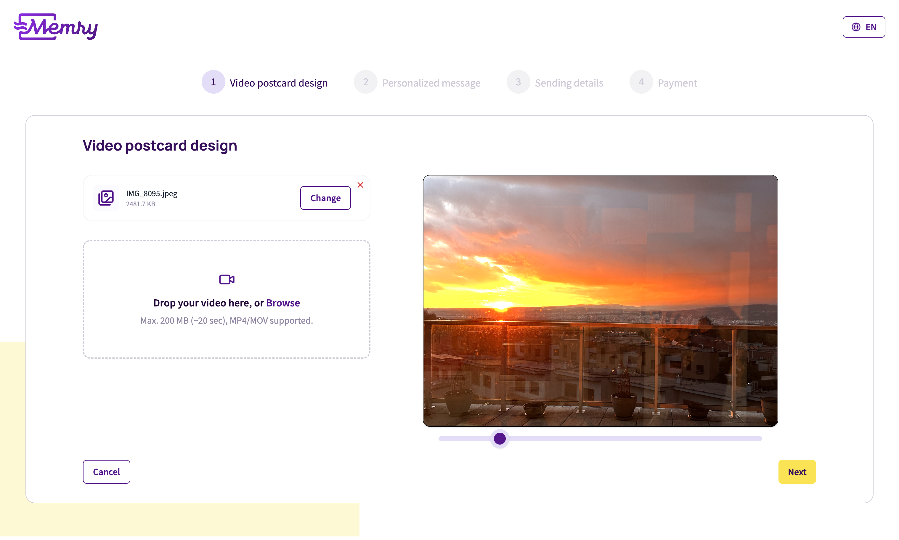Memry video postcard design — upload photo and attach video